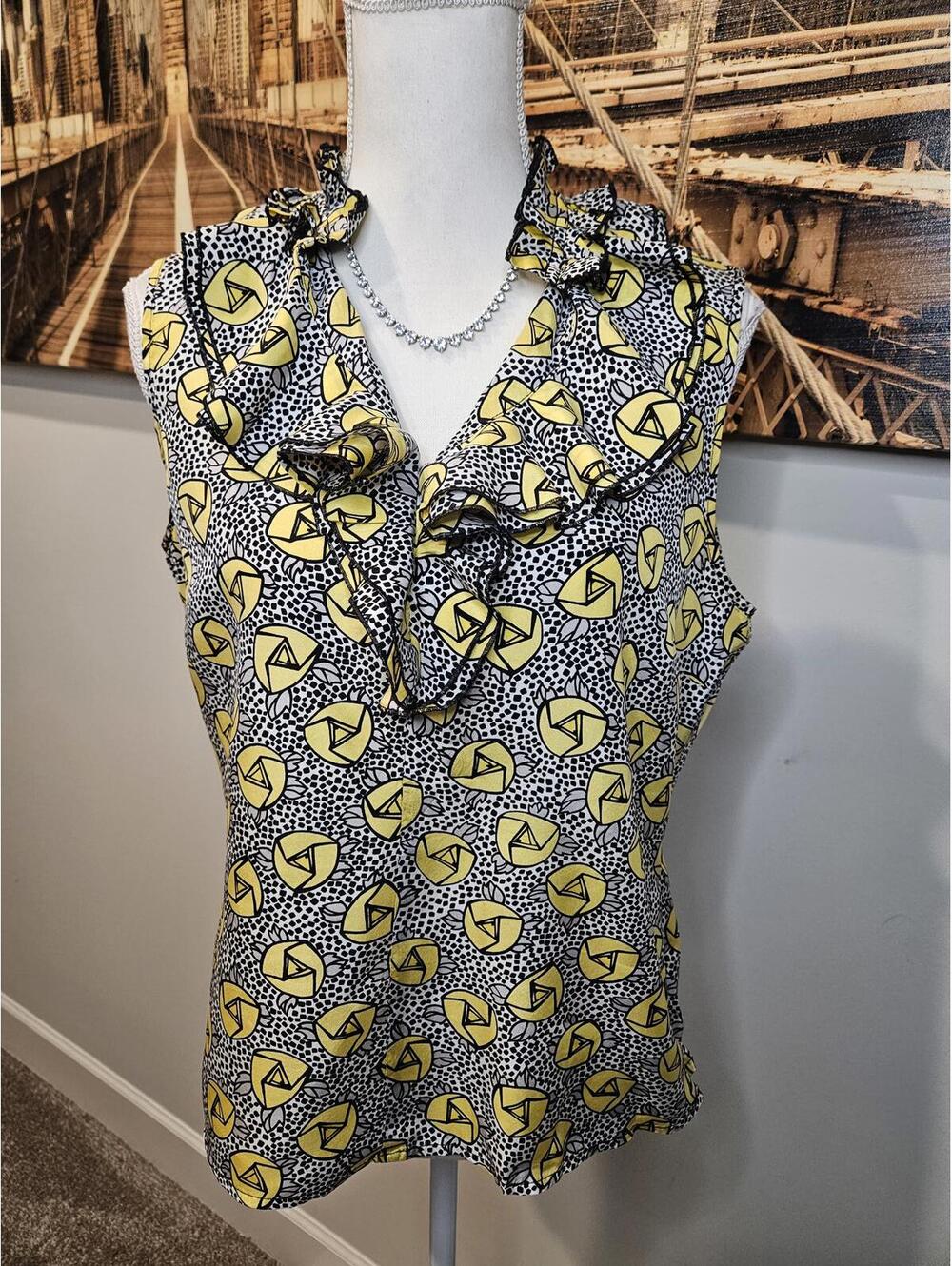 100% Silk Doncaster Yellow Graphic Ruffle Blouse #428